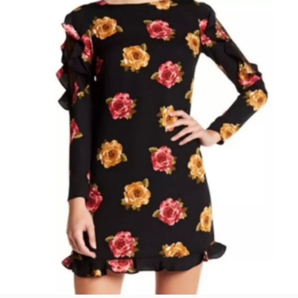 Nicole Miller studio black red orange floral ruffle long sleeved lined dress